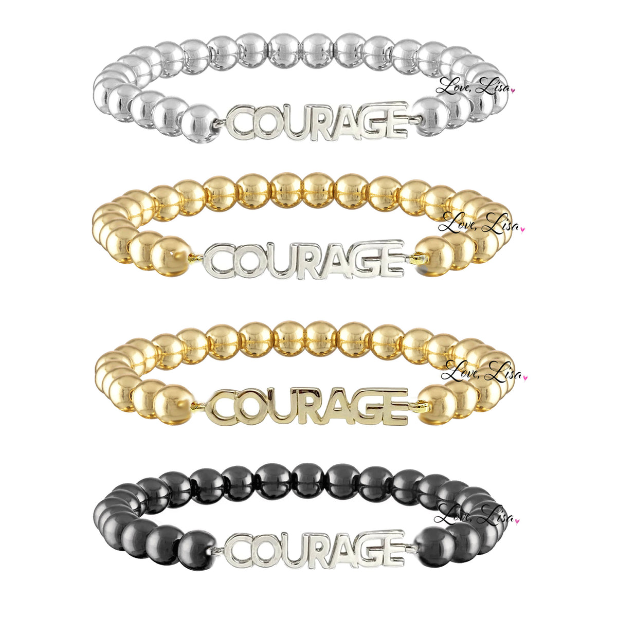 Love Lisa COURAGE Breast Cancer Awareness Word Bracelet in multiple finishes with polished metal beads and BRAVE centerpiece