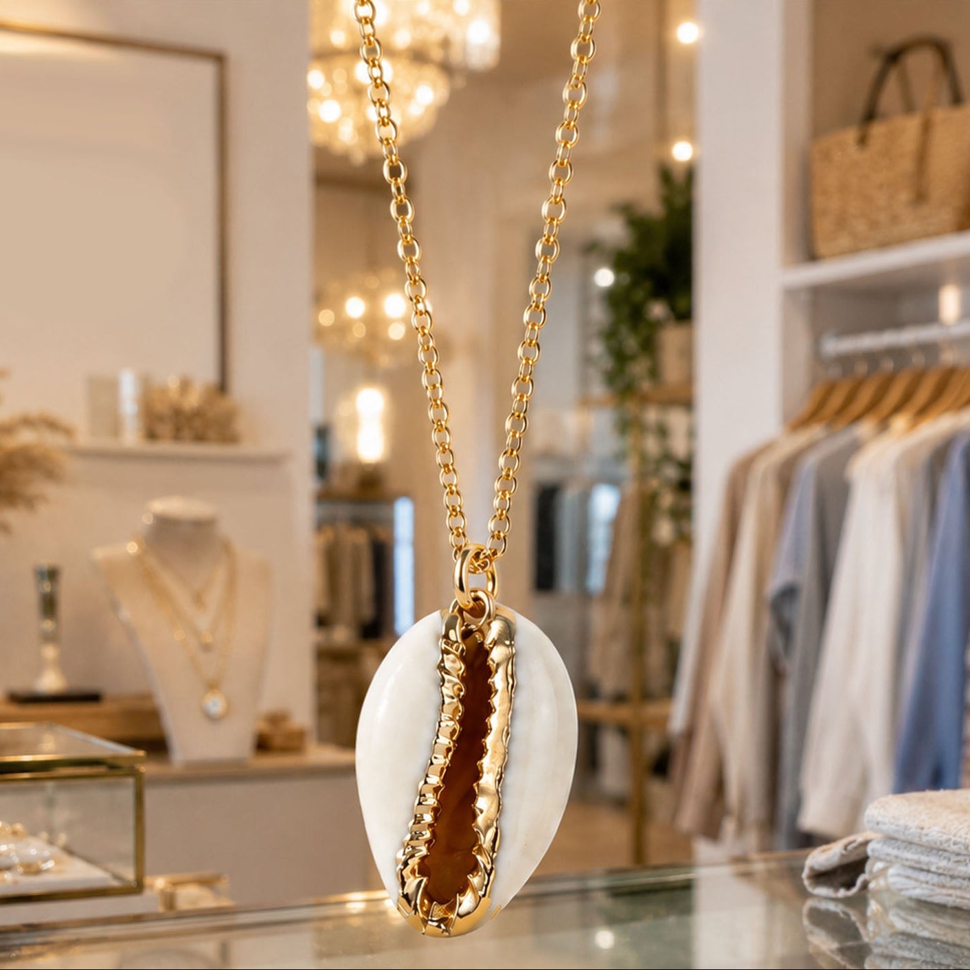 Love Lisa Mia Cowrie Shell Necklace displayed in boutique setting with coastal shell jewelry styling