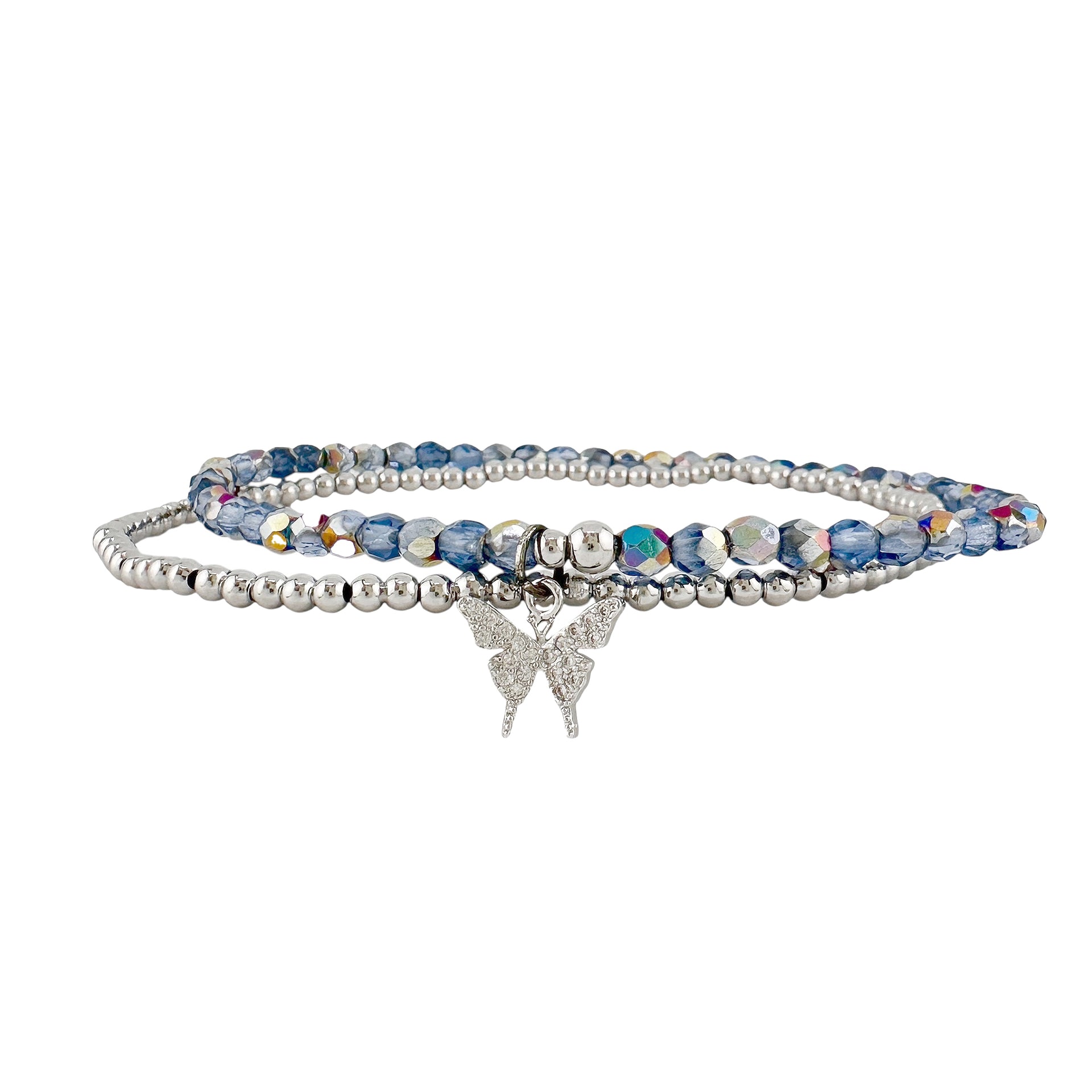 blue and silver crystal anklet with gold butterfly charm