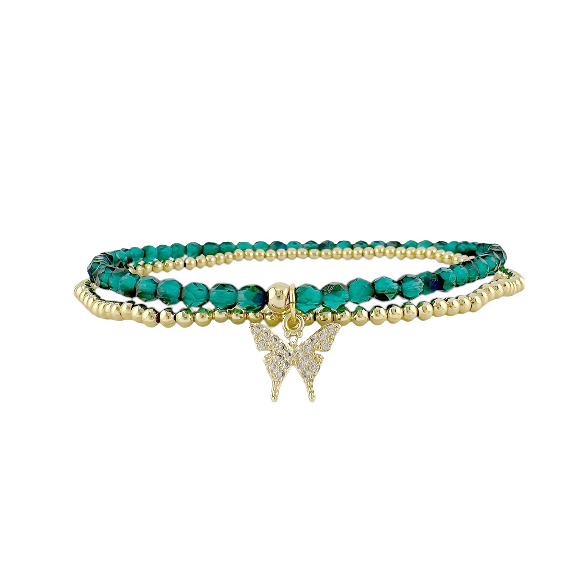 Green and gold crystal anklet with gold butterfly charm
