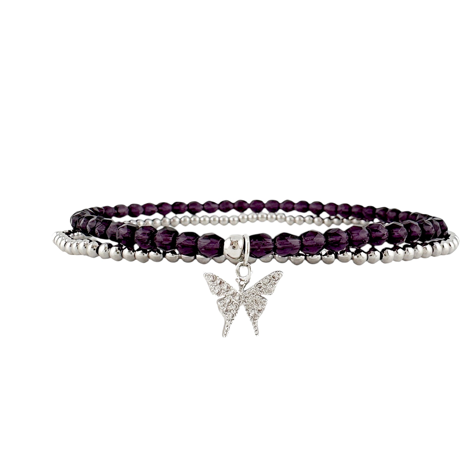 Purple and silver crystal anklet with silver butterfly charm