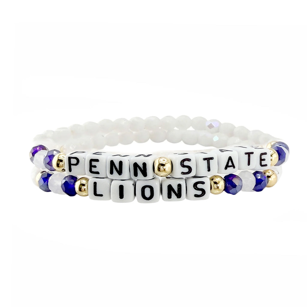 Two beaded bracelets with 'PENN STATE LIONS' text on a white background