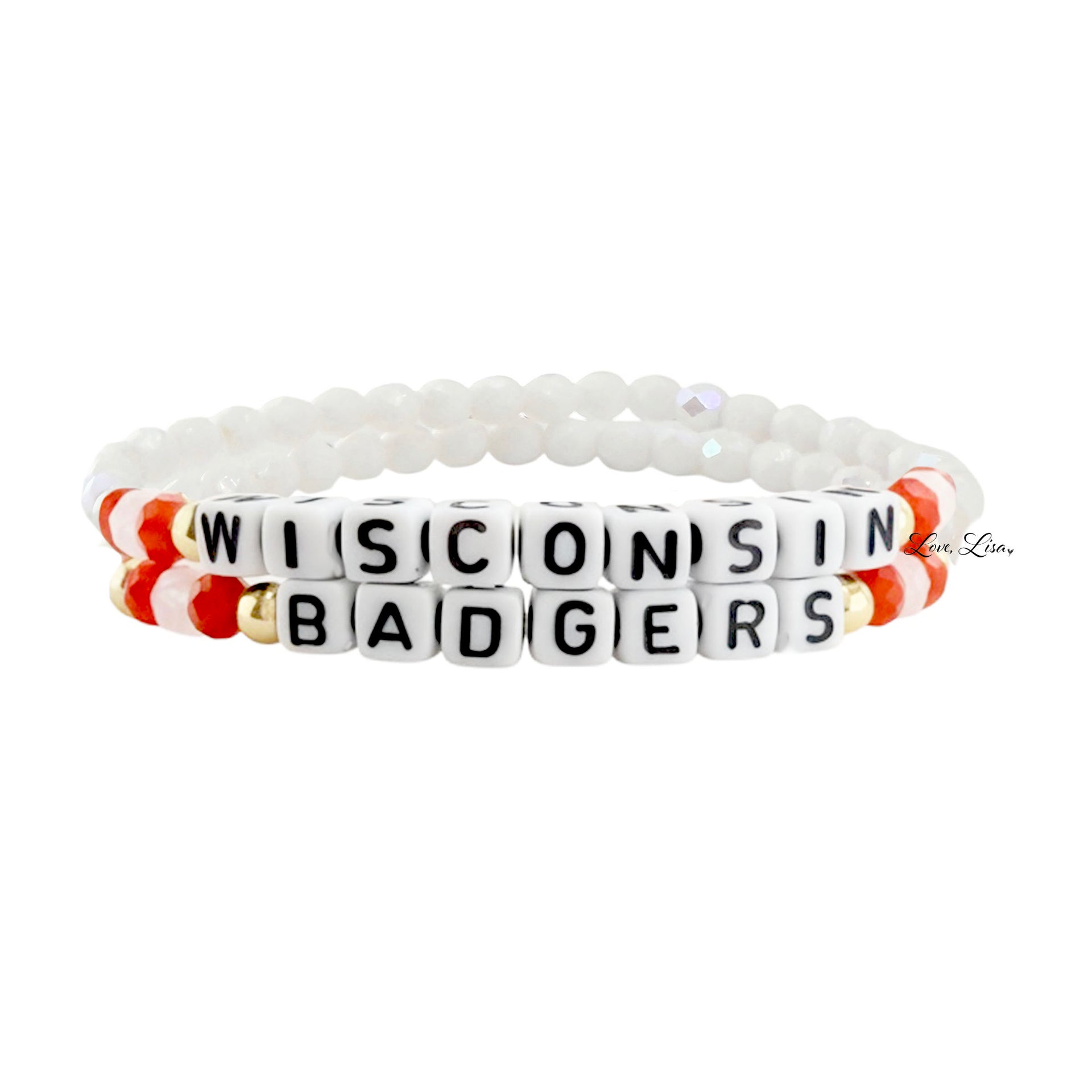 custom Wisconsin college name bracelet red white school colors faceted crystal beads