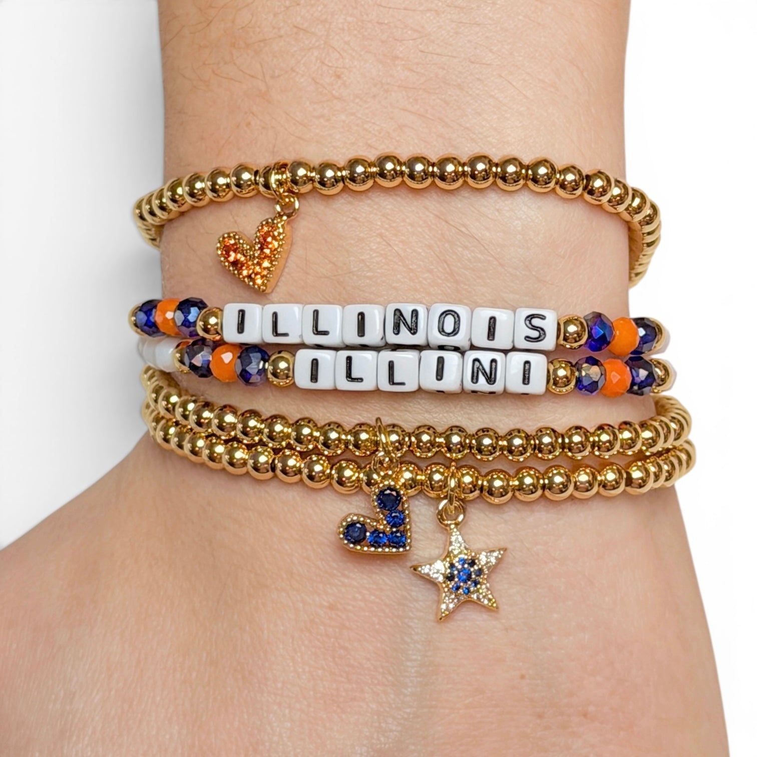 Love Lisa custom college name bracelet stack worn on wrist personalized school spirit jewelry
