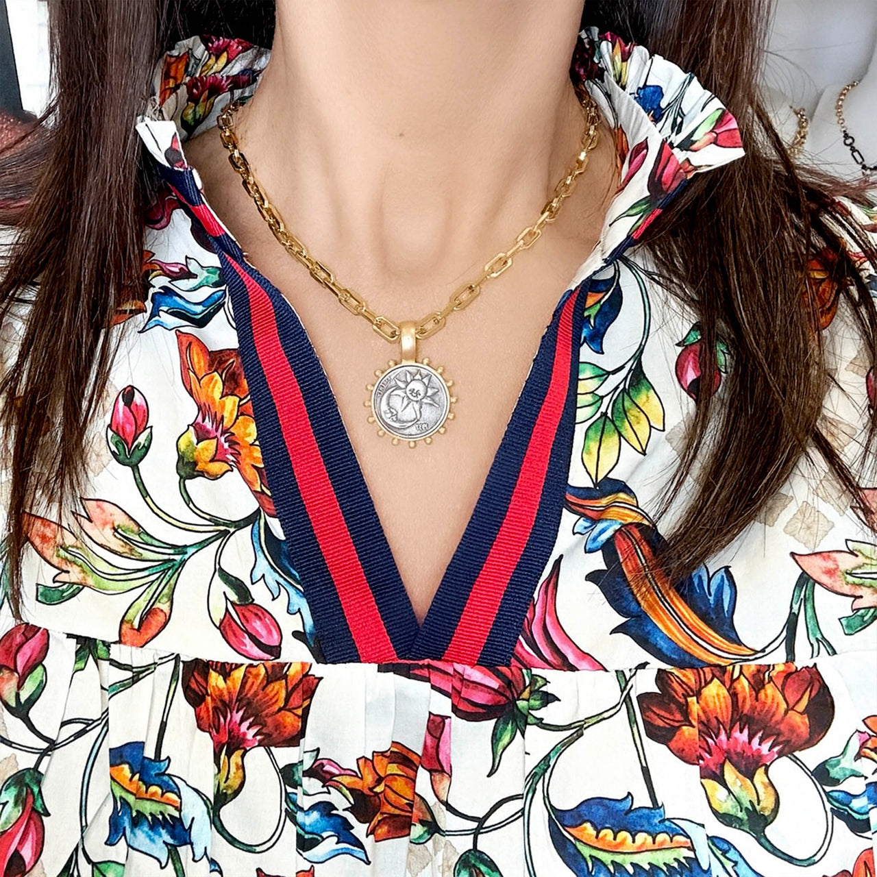 Model wearing Dakota Moon Star Coin Necklace Gold Love Lisa Jewelry