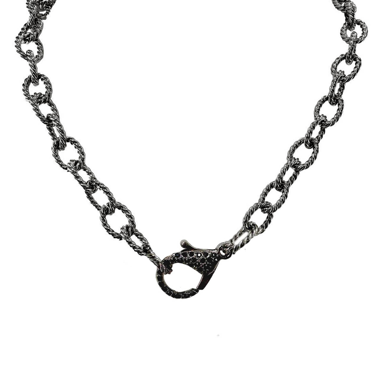 gunmetal rope necklace with black pave clasp