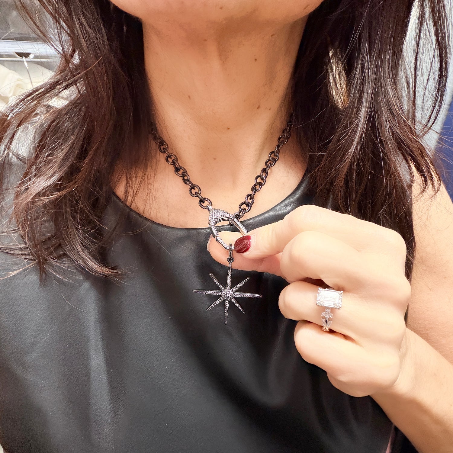 Woman styling Debby Northstar Charm with casual outfit