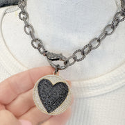 debby rope chain heart disk necklace closeup of pendant and mixed chain