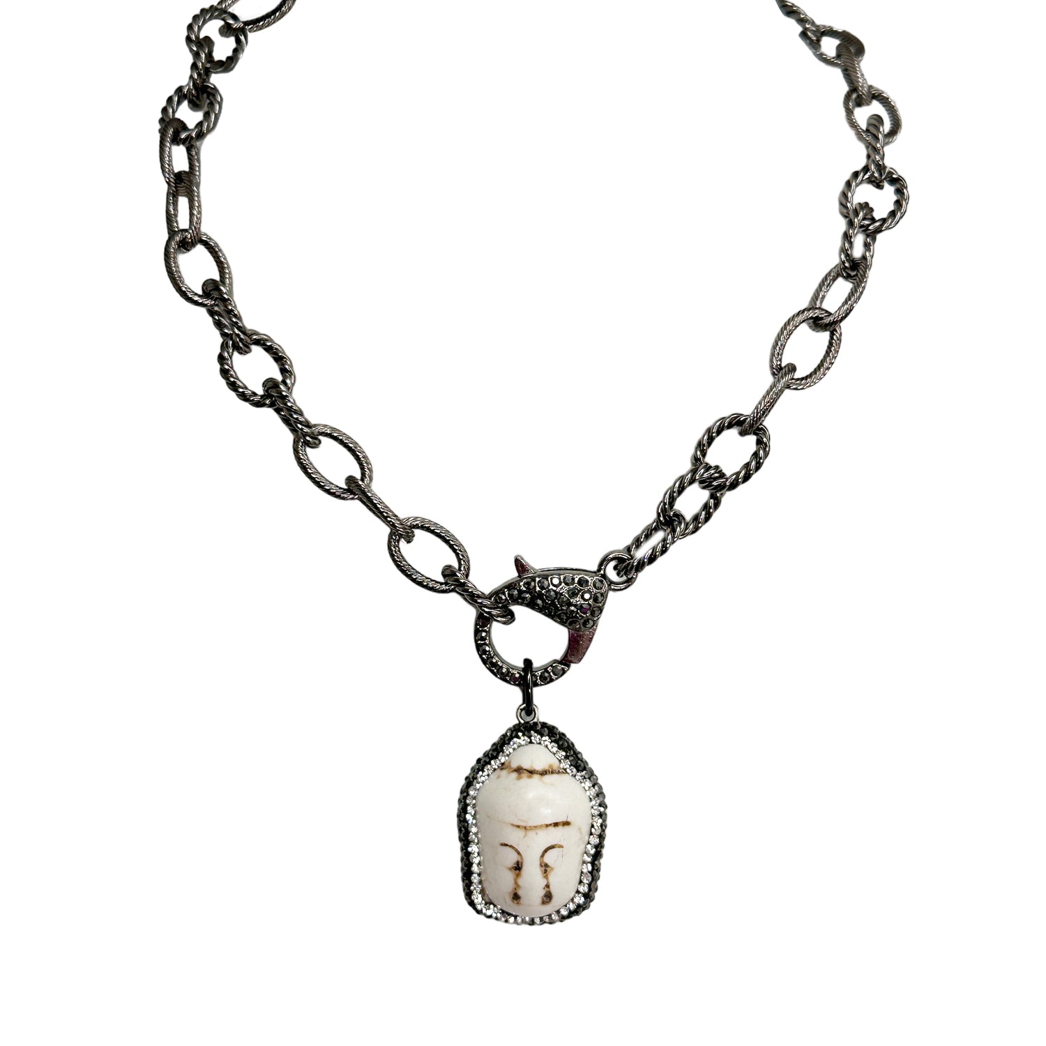 debby rope chain necklace gunmetal with buddha charm and pave clasp