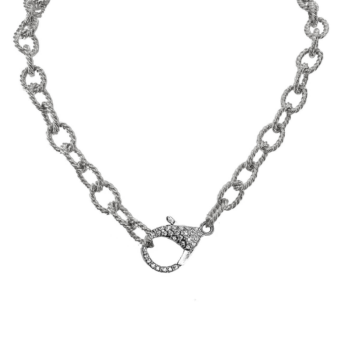 Silver necklace with a diamond pendant on a white background