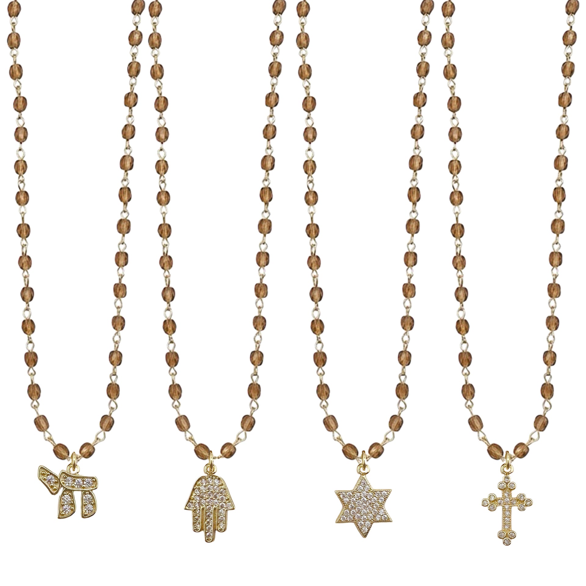 Design Your Own Beaded Religious Charm Necklace by Love Lisa in brown and gold with Star of David cross chai hamsa pendant