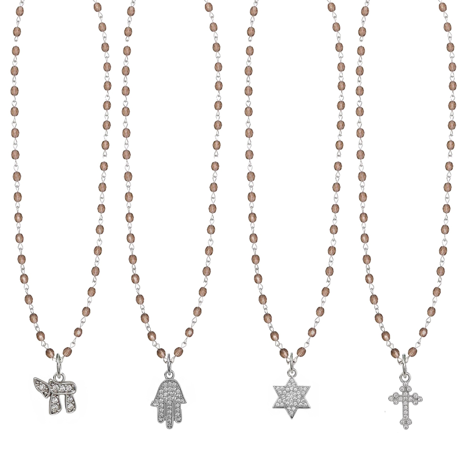 Design Your Own Beaded Religious Charm Necklace by Love Lisa shown in multiple symbolic charm styles