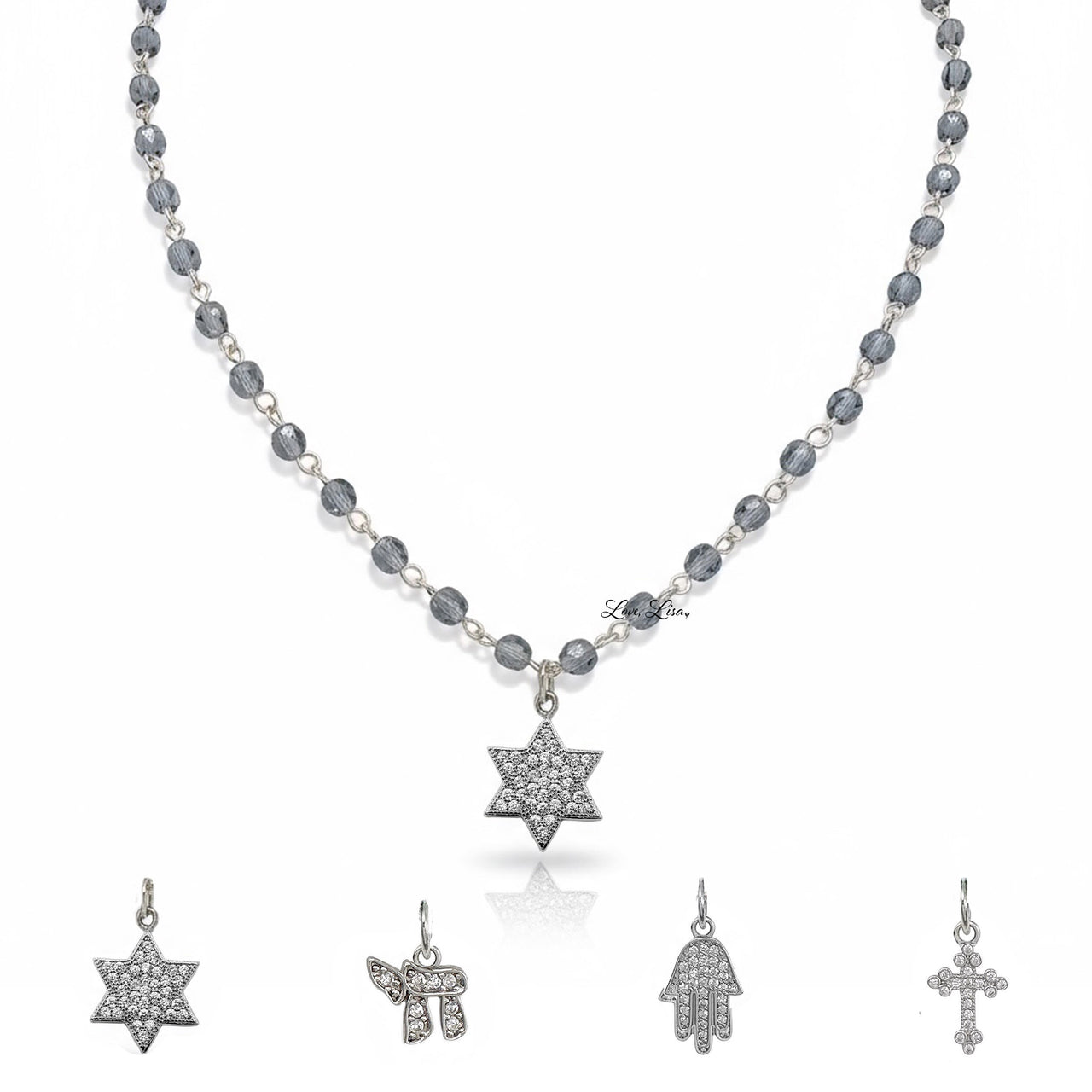 Love Lisa beaded religious charm necklace with gray chain and Star of David pendant