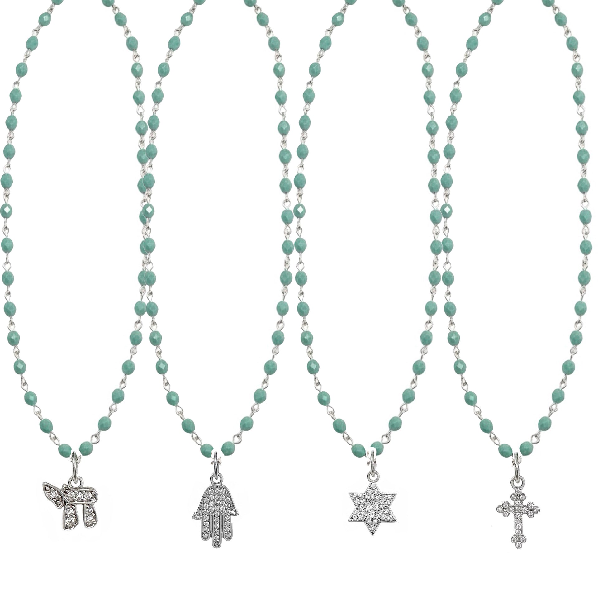Design Your Own Beaded Religious Charm Necklace by Love Lisa in turquoise with Star of David  cross chai hamsa 
charm