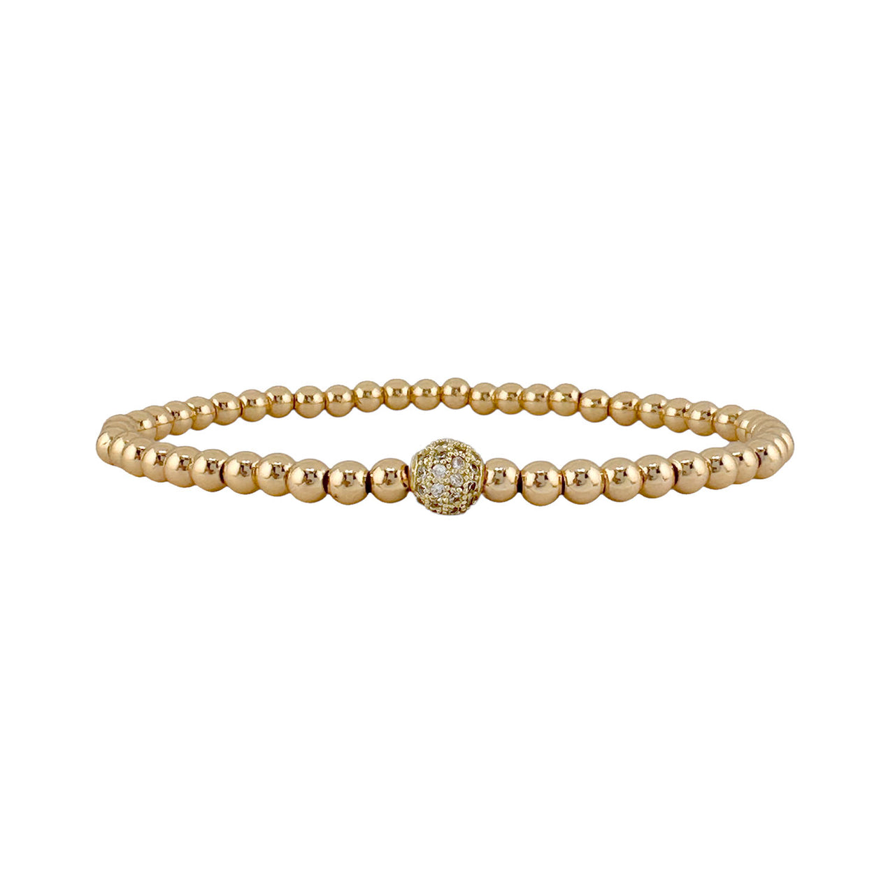 Gold beaded bracelet with a clasp on a white background