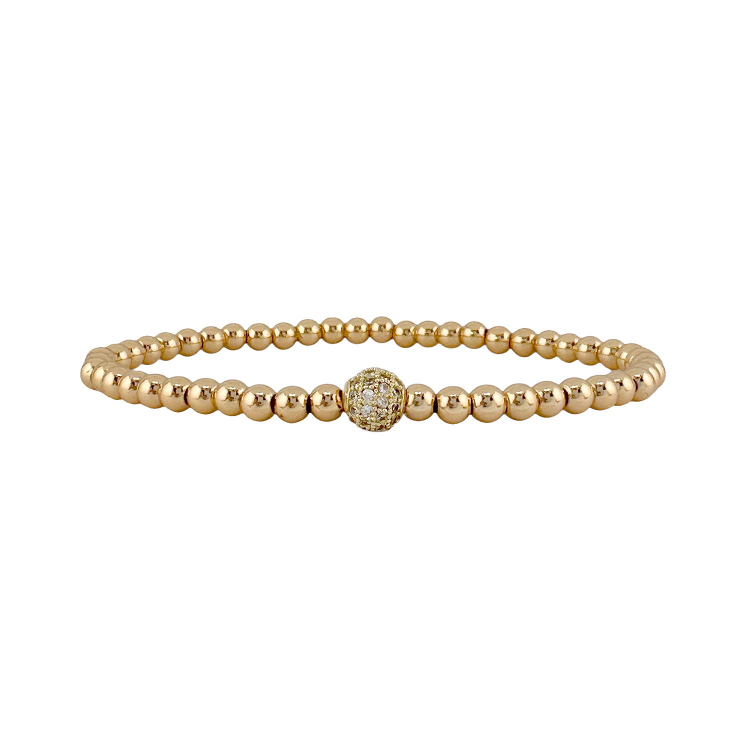 Gold beaded bracelet with a clasp on a white background