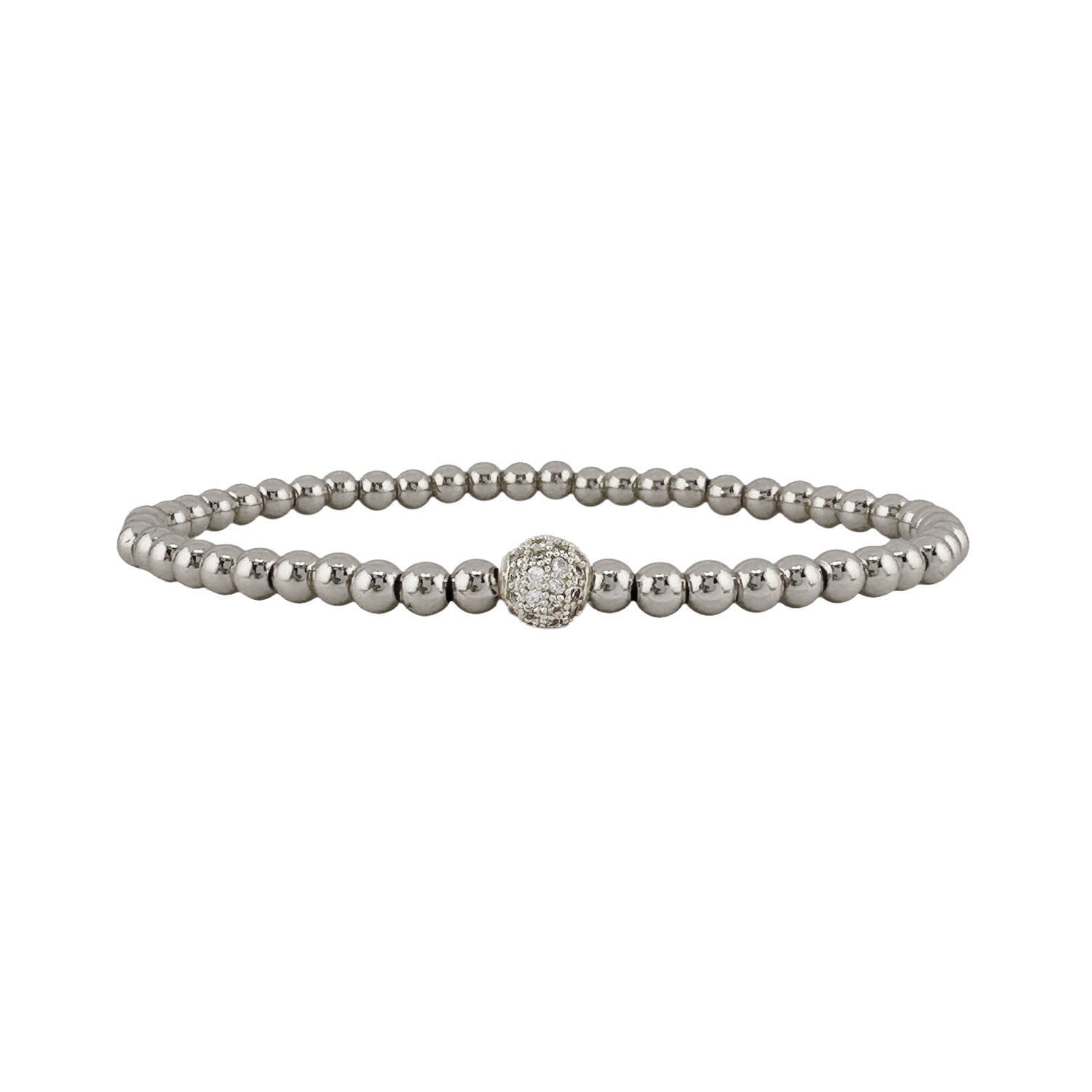 Silver beaded bracelet with a clasp on a white background