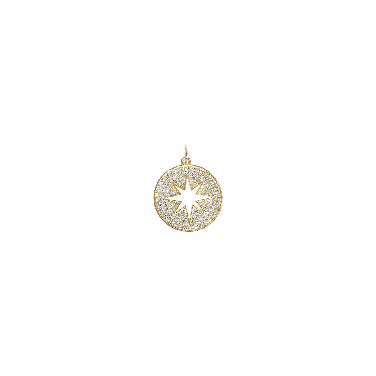 Gold disc charm with starburst cutout and crystal pavé