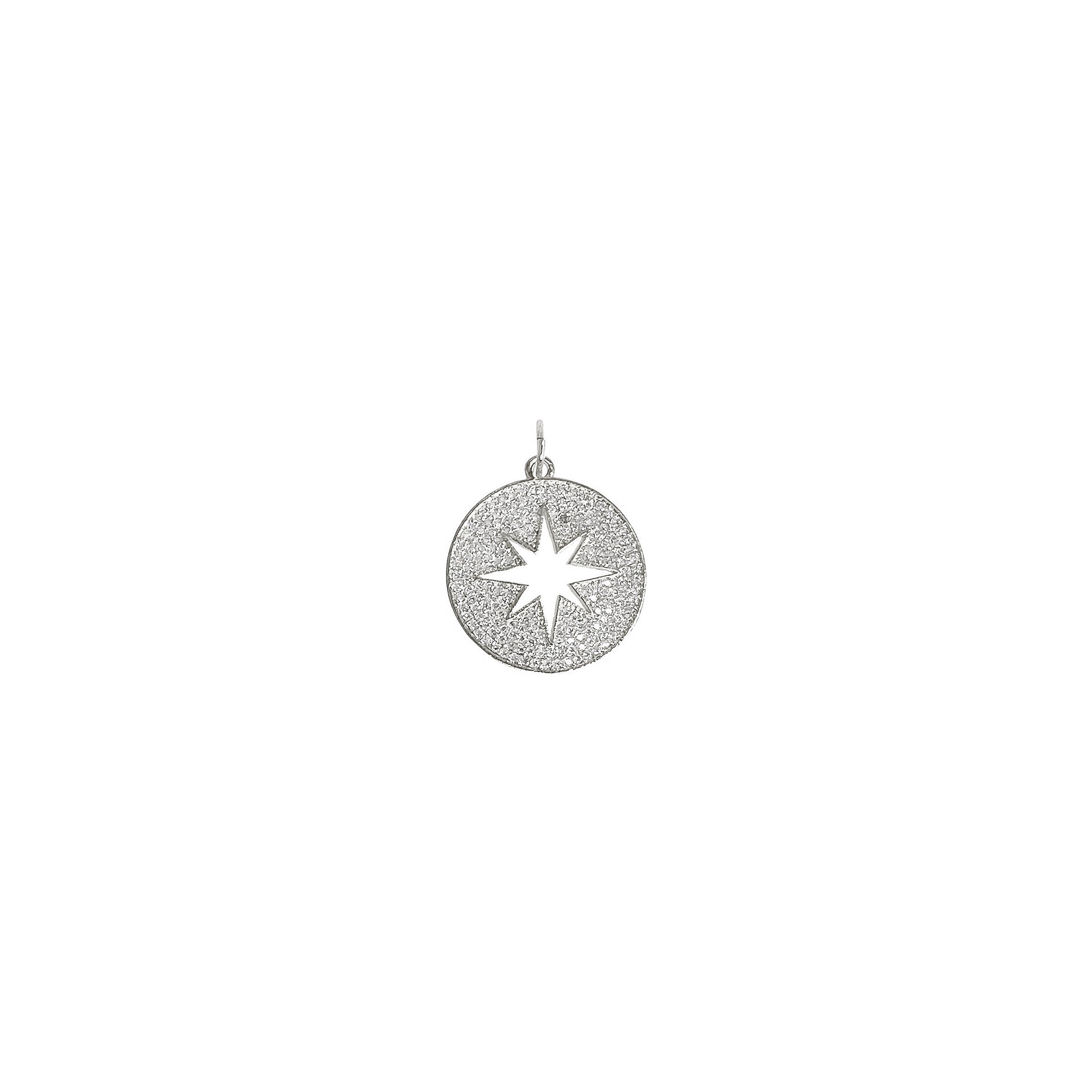 Celestial starburst charm in silver with open center and glittering accents