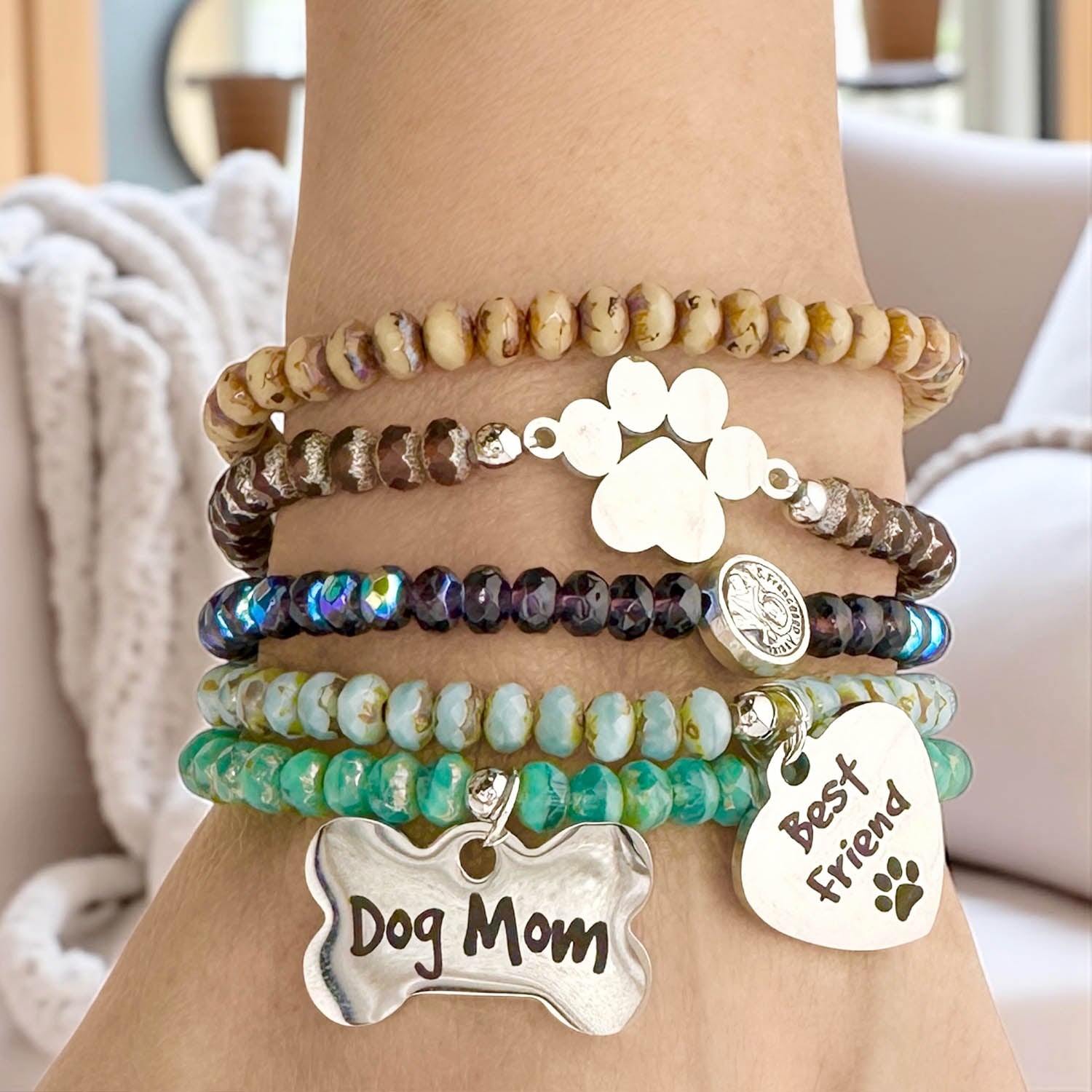 love lisa dog mom bracelet stack on wrist featuring crystal beads and dog charms