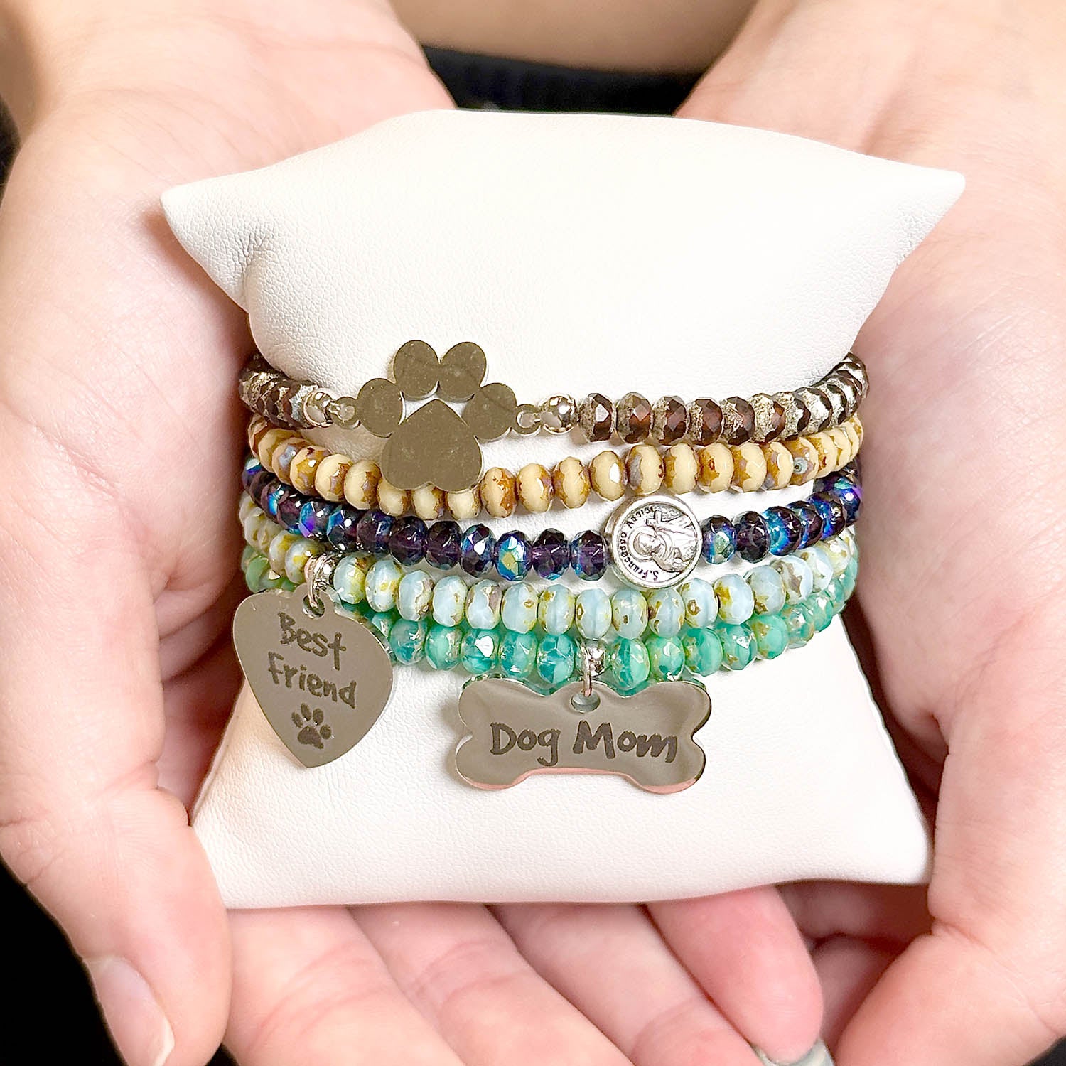 Dog Mom Harper beaded bracelet stack with paw print best friend heart and St Francis charm in fall and winter colors