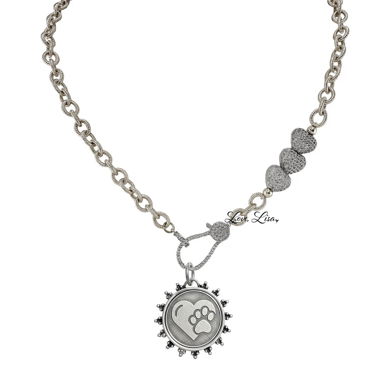 Dog Mom pawprint heart necklace silver engraved heart pendant