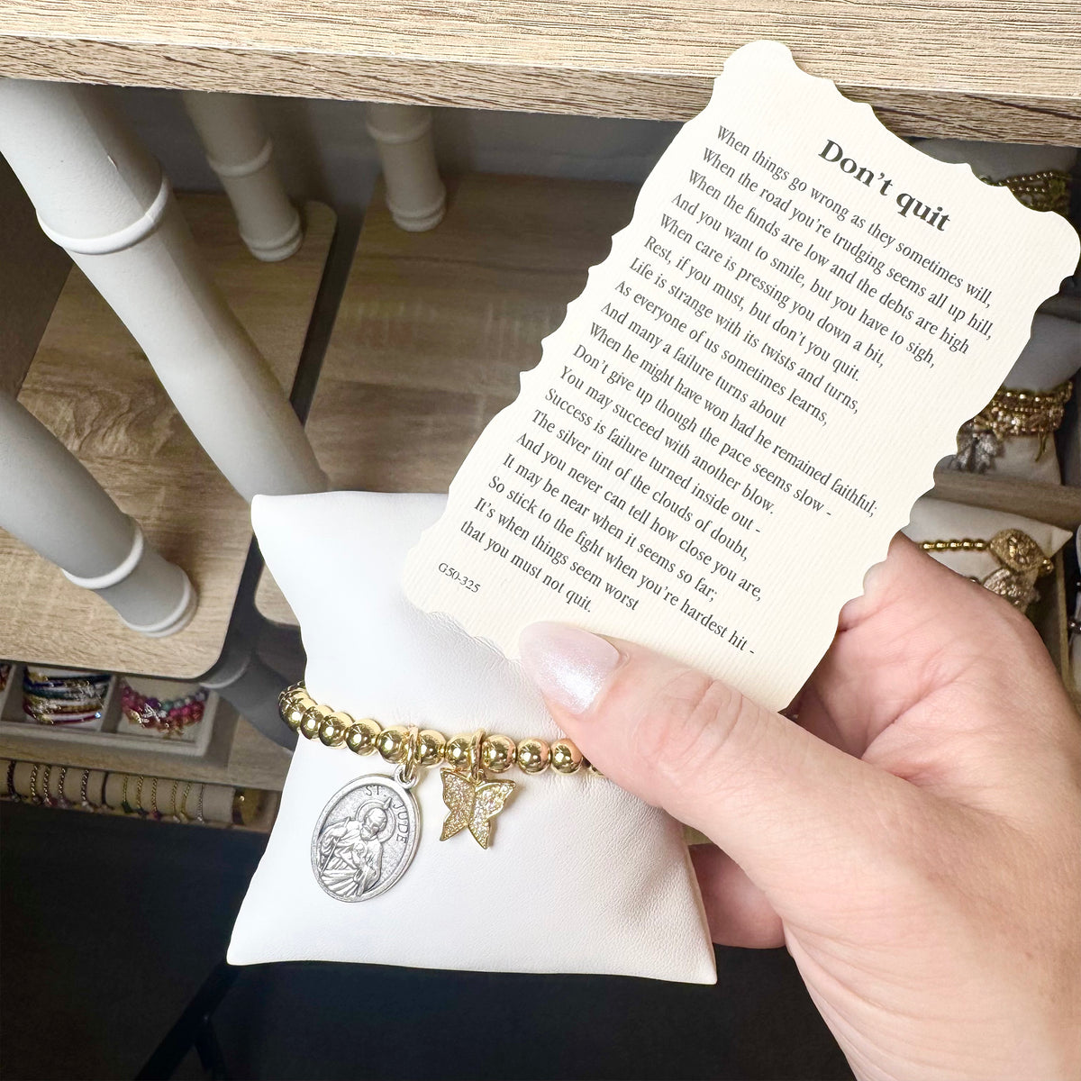 Love Lisa Don't Quit Saint Jude Butterfly Bracelet shown with prayer card