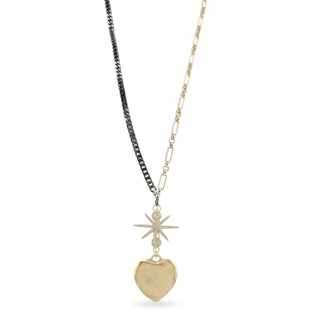 gold eclipse pendant long necklace heart charm two tone chain Love Lisa