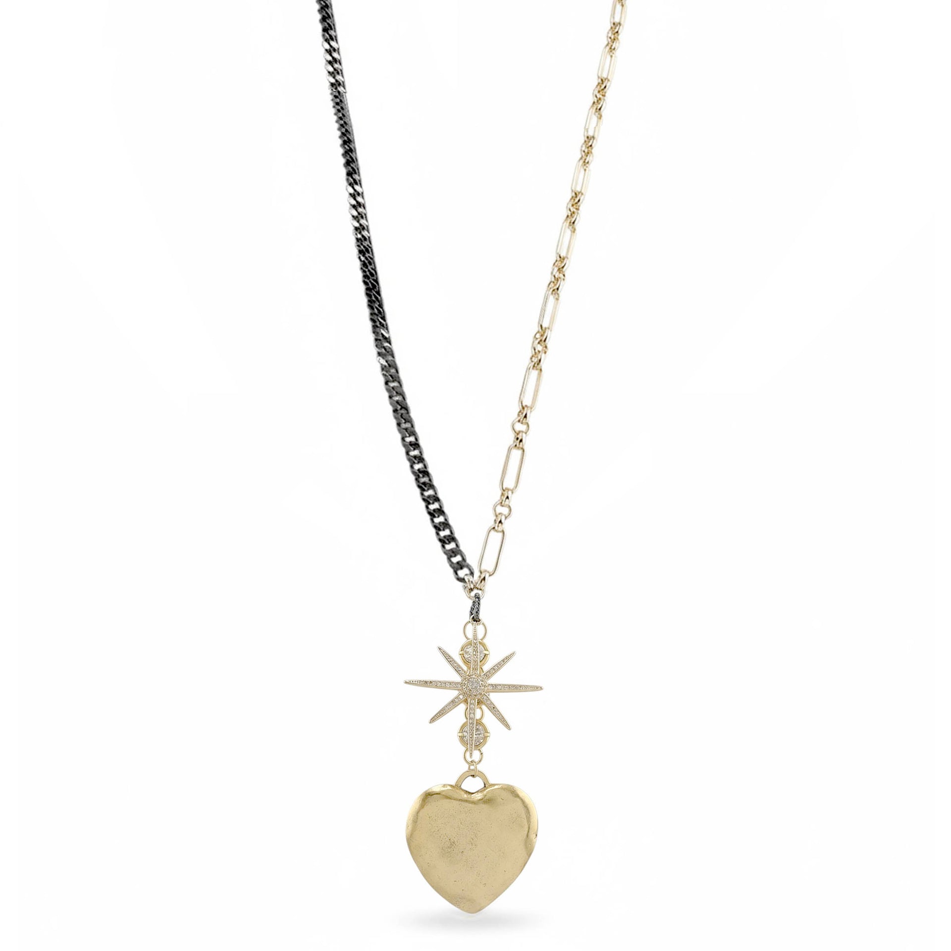 gold eclipse pendant long necklace heart charm two tone chain Love Lisa
