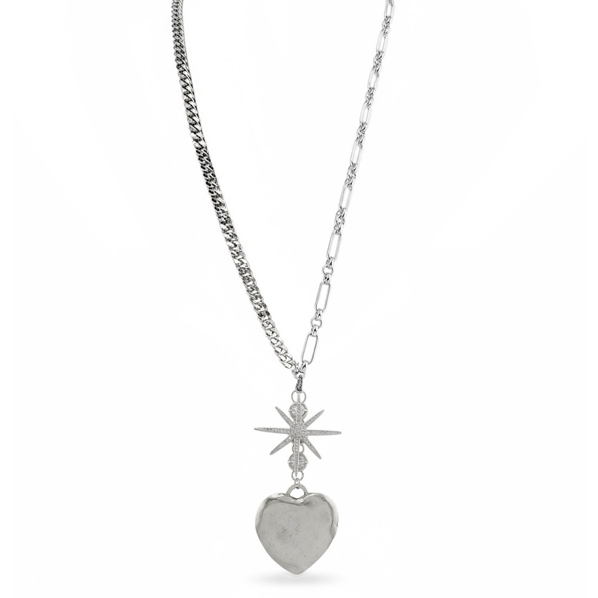 silver eclipse pendant long necklace heart charm starburst connector Love Lisa