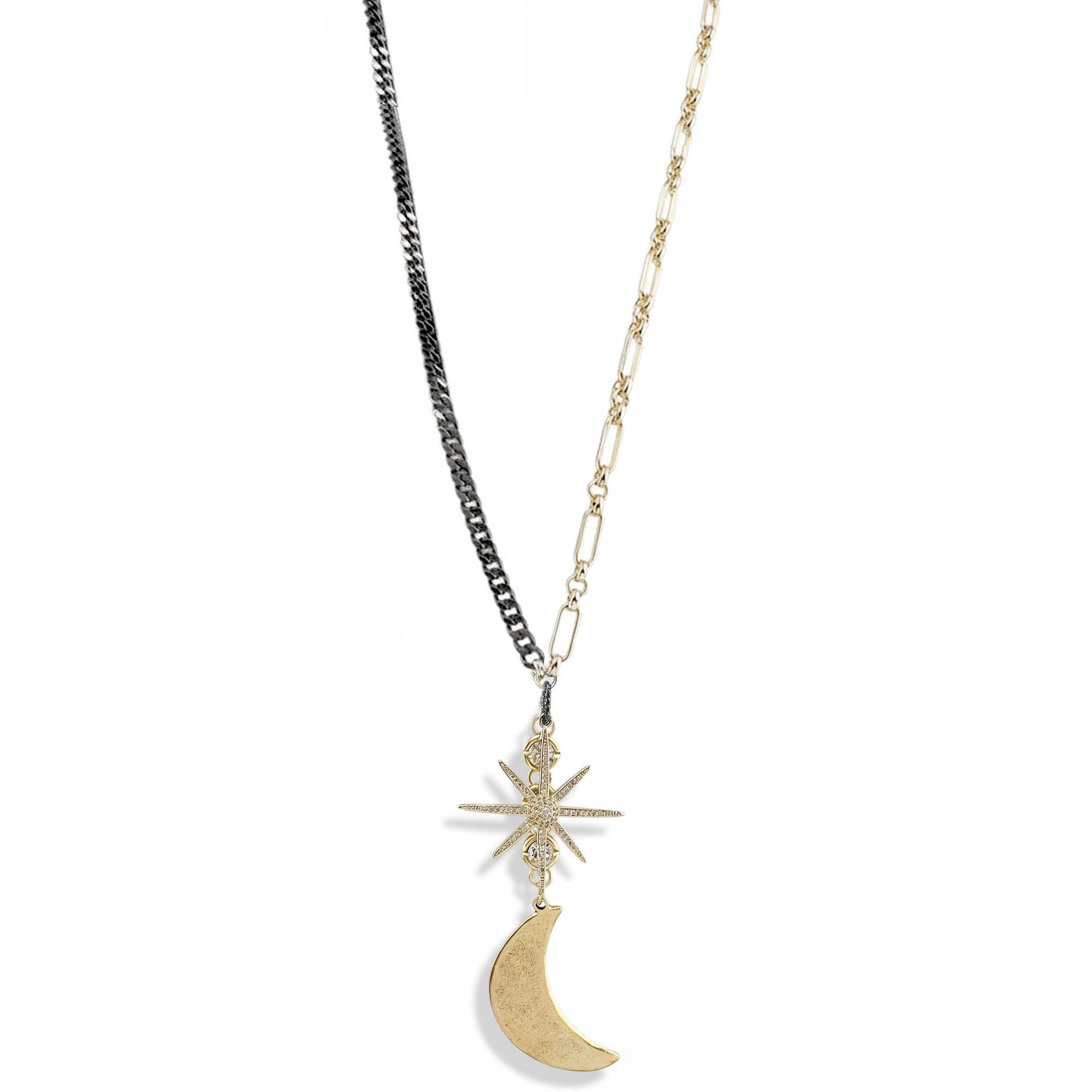 gold eclipse pendant long necklace moon charm two tone chain Love Lisa