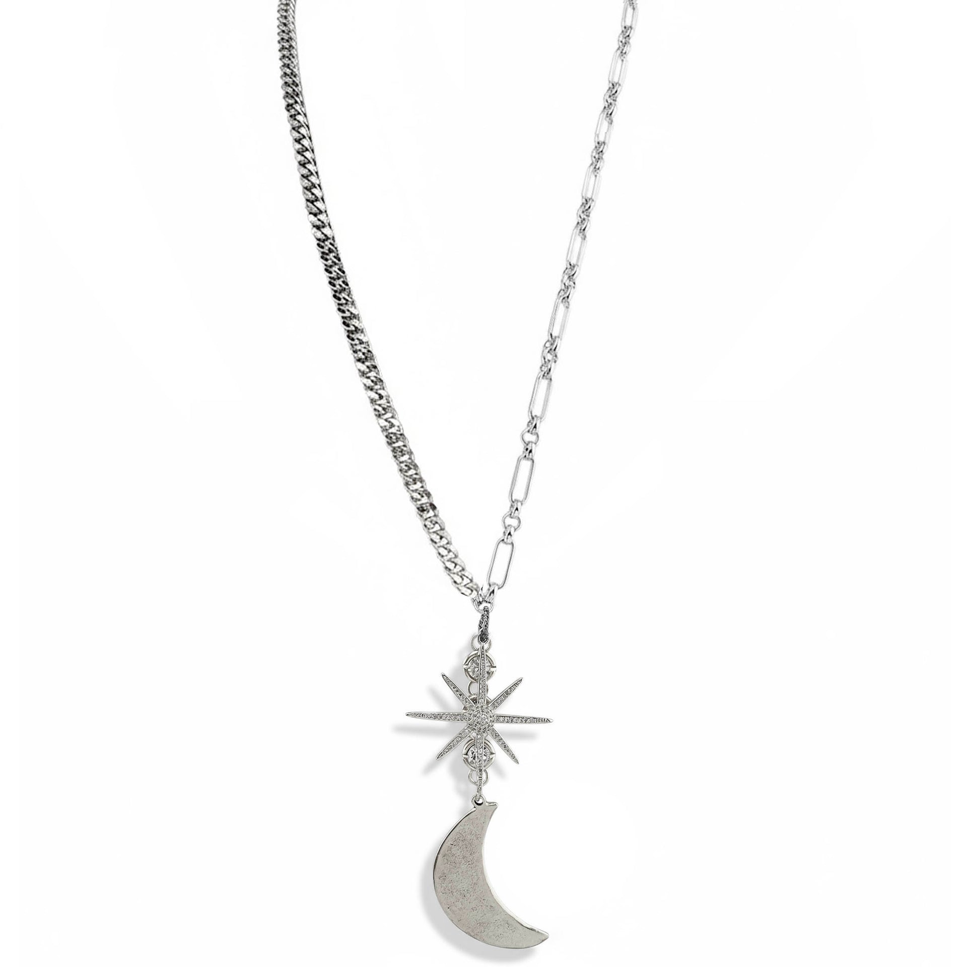silver eclipse pendant long necklace moon charm starburst connector Love Lisa