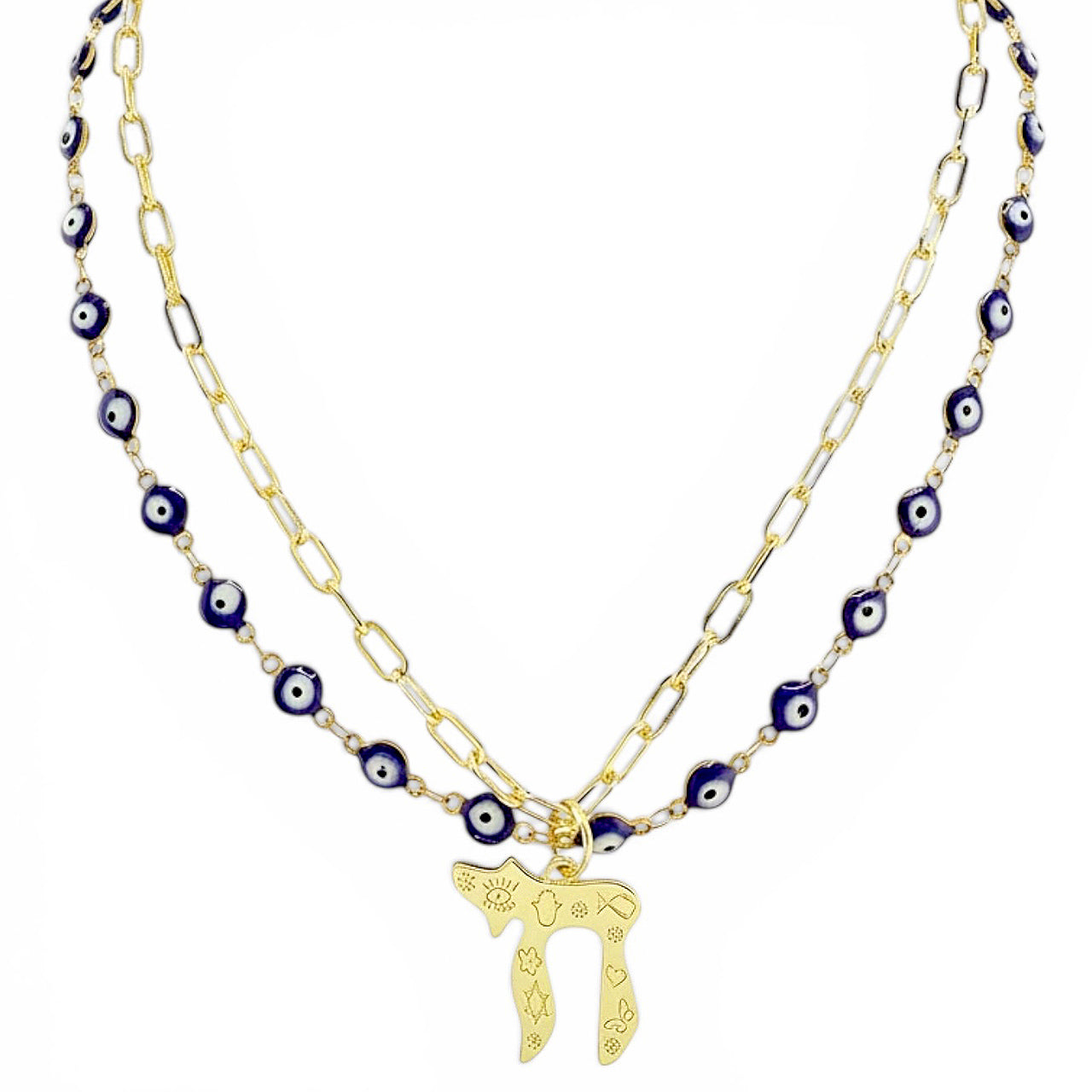 Love Lisa Eden chai evil eye layered necklace blue gold with enamel evil eye chain and paperclip chain detail
