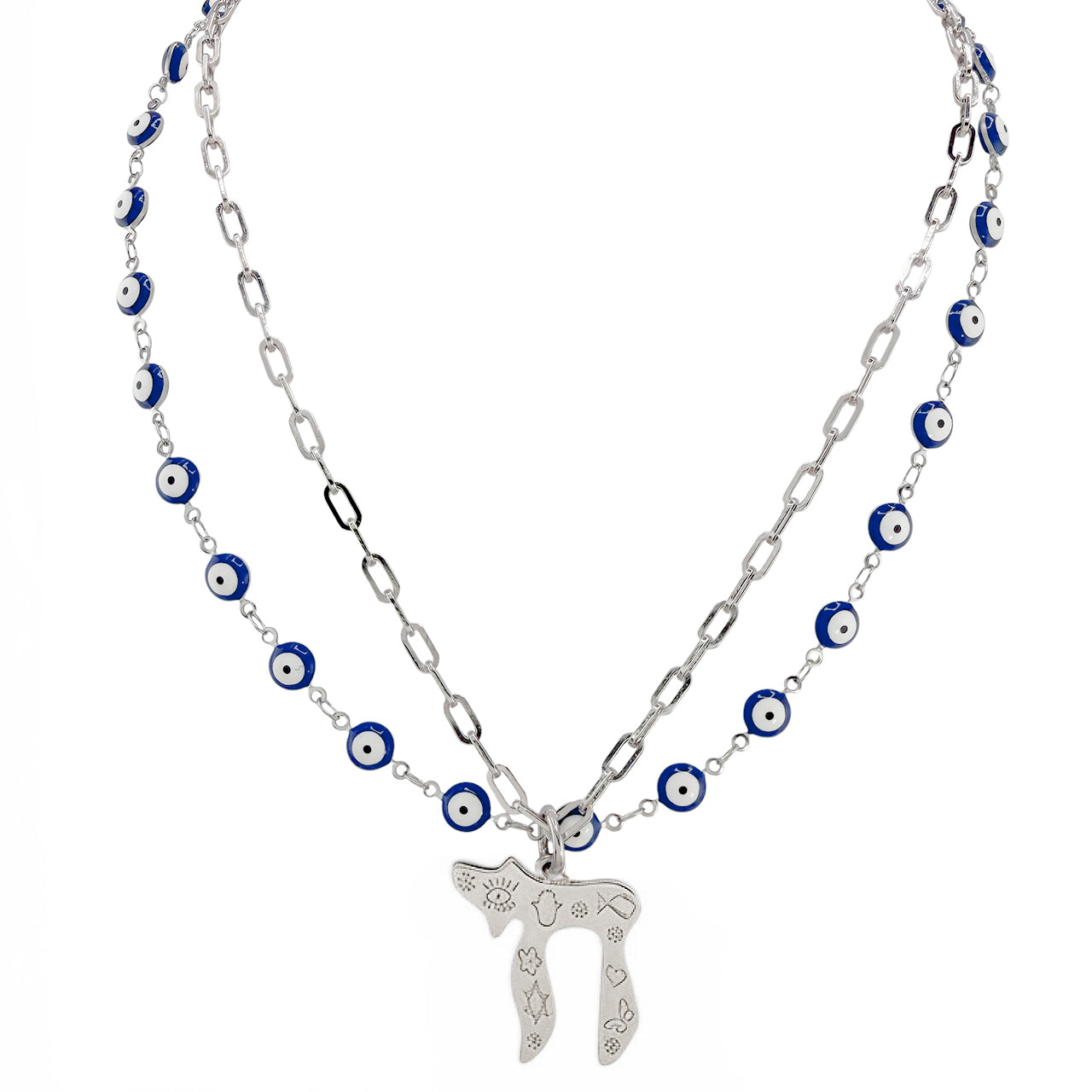 Eden chai evil eye layered necklace blue silver with double chain design and engraved chai focal
