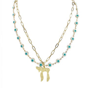 Eden chai evil eye layered necklace white enamel chain with paperclip link chain and symbolic chai detail
