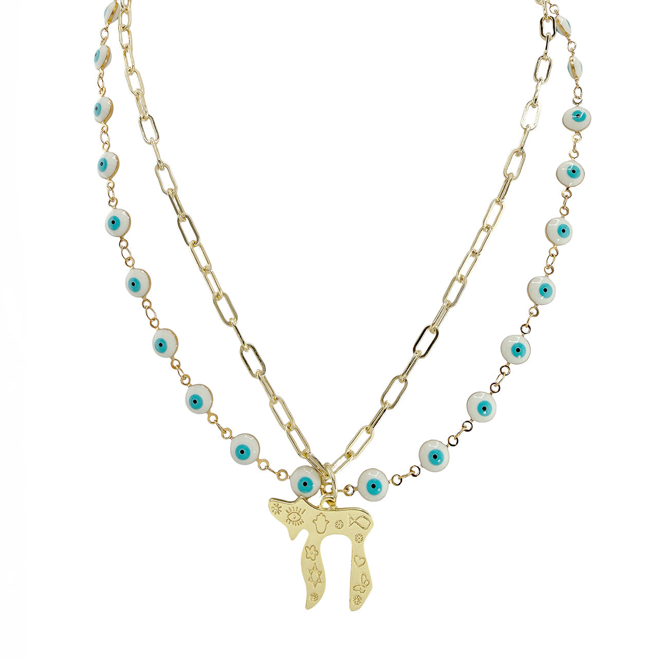 Eden chai evil eye layered necklace white enamel chain with paperclip link chain and symbolic chai detail
