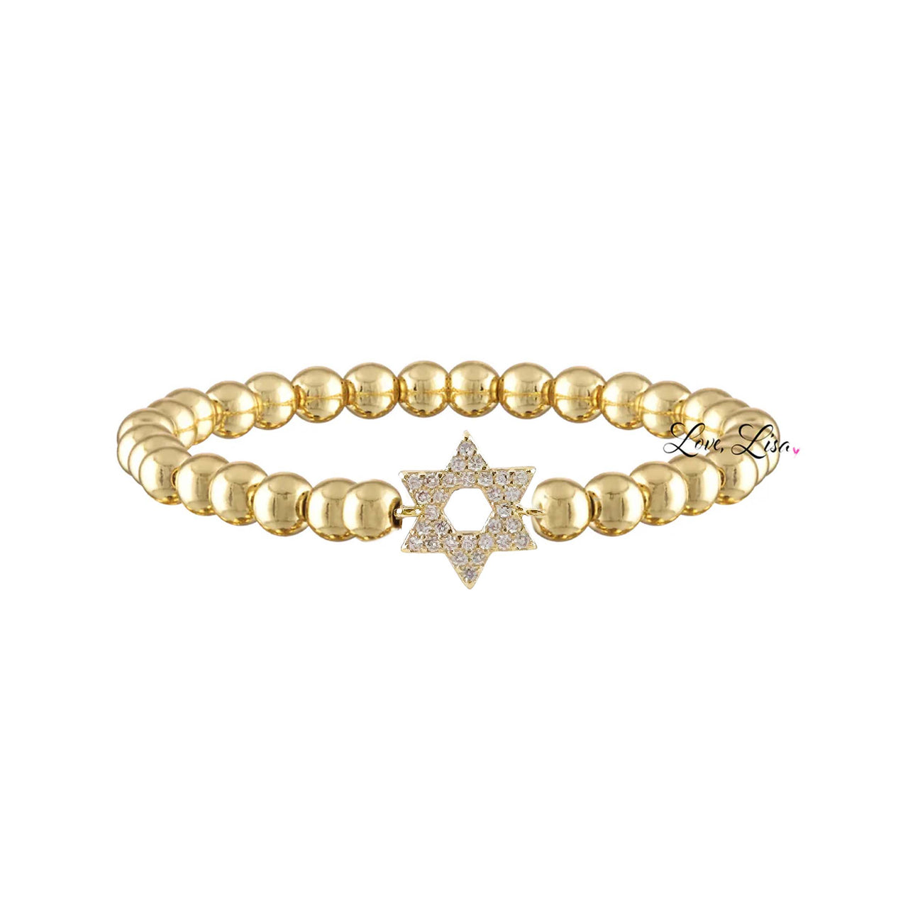 Gold beaded bracelet with Star of David charm on a white background