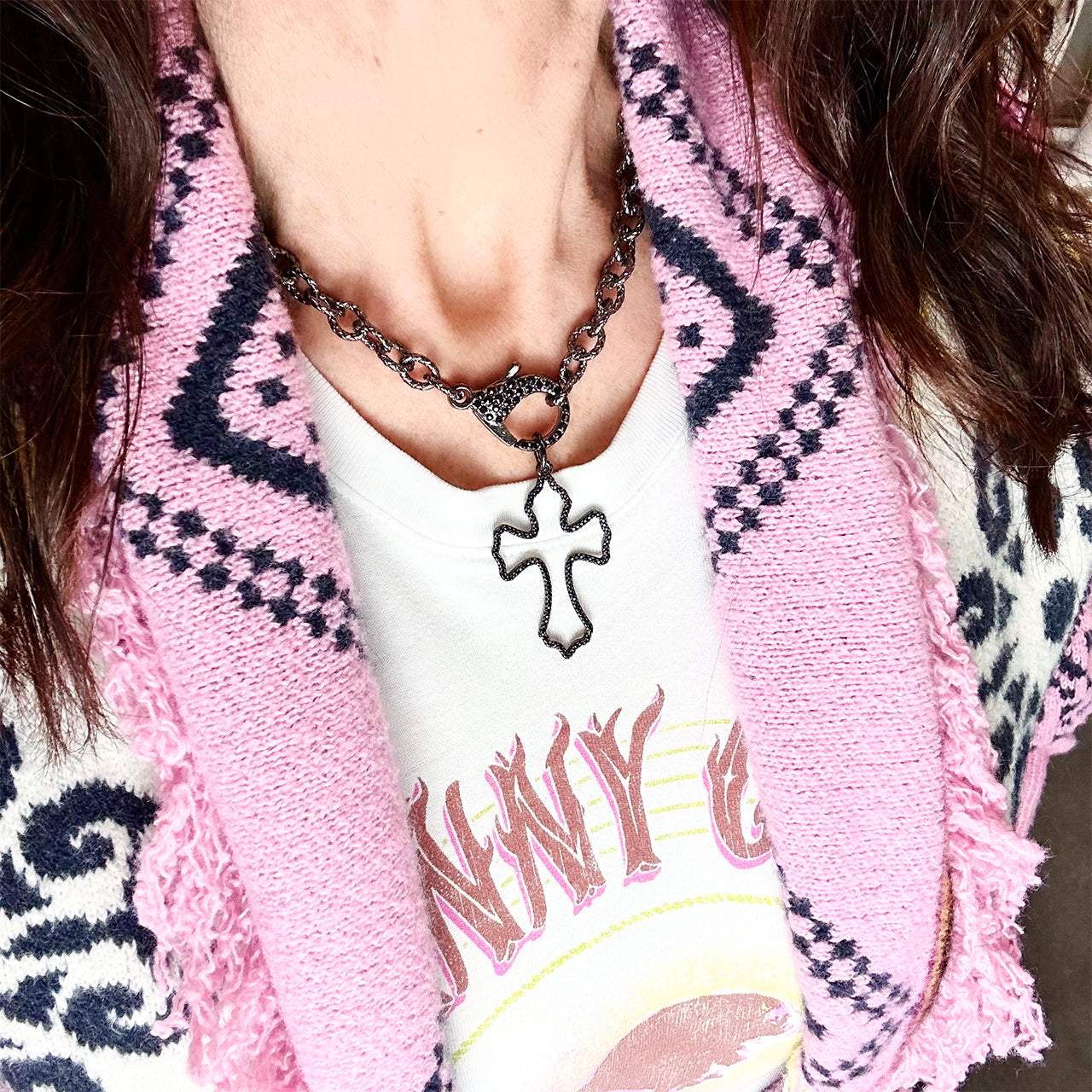 Edge & Elegance Cross Charm styled on a clasp necklace