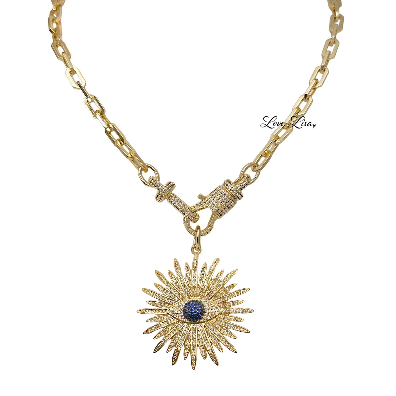 Elaine Evil Eye Clasp Necklace with pavé evil eye pendant built into the clasp