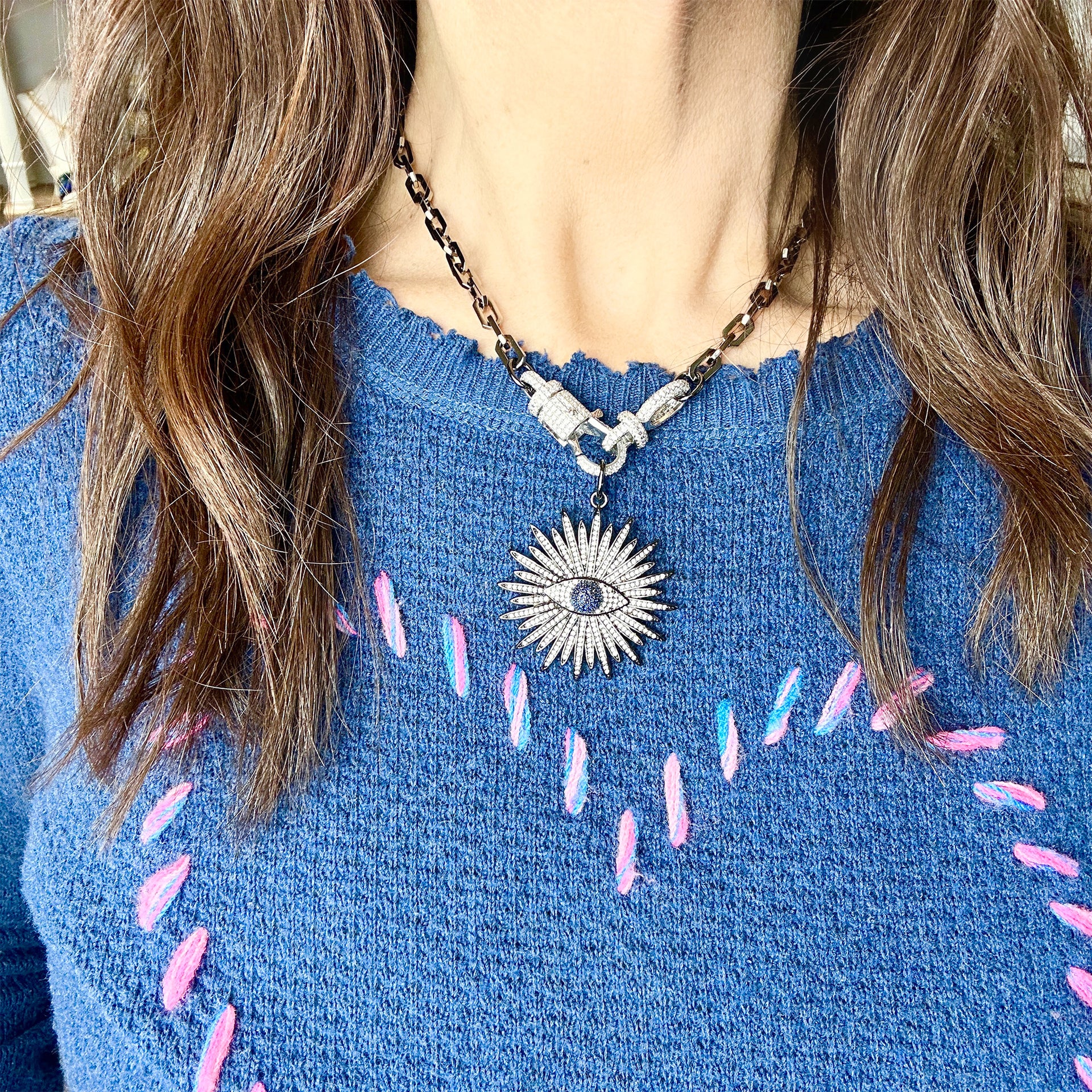 Elaine Evil Eye Clasp Necklace with pavé evil eye pendant built into the clasp