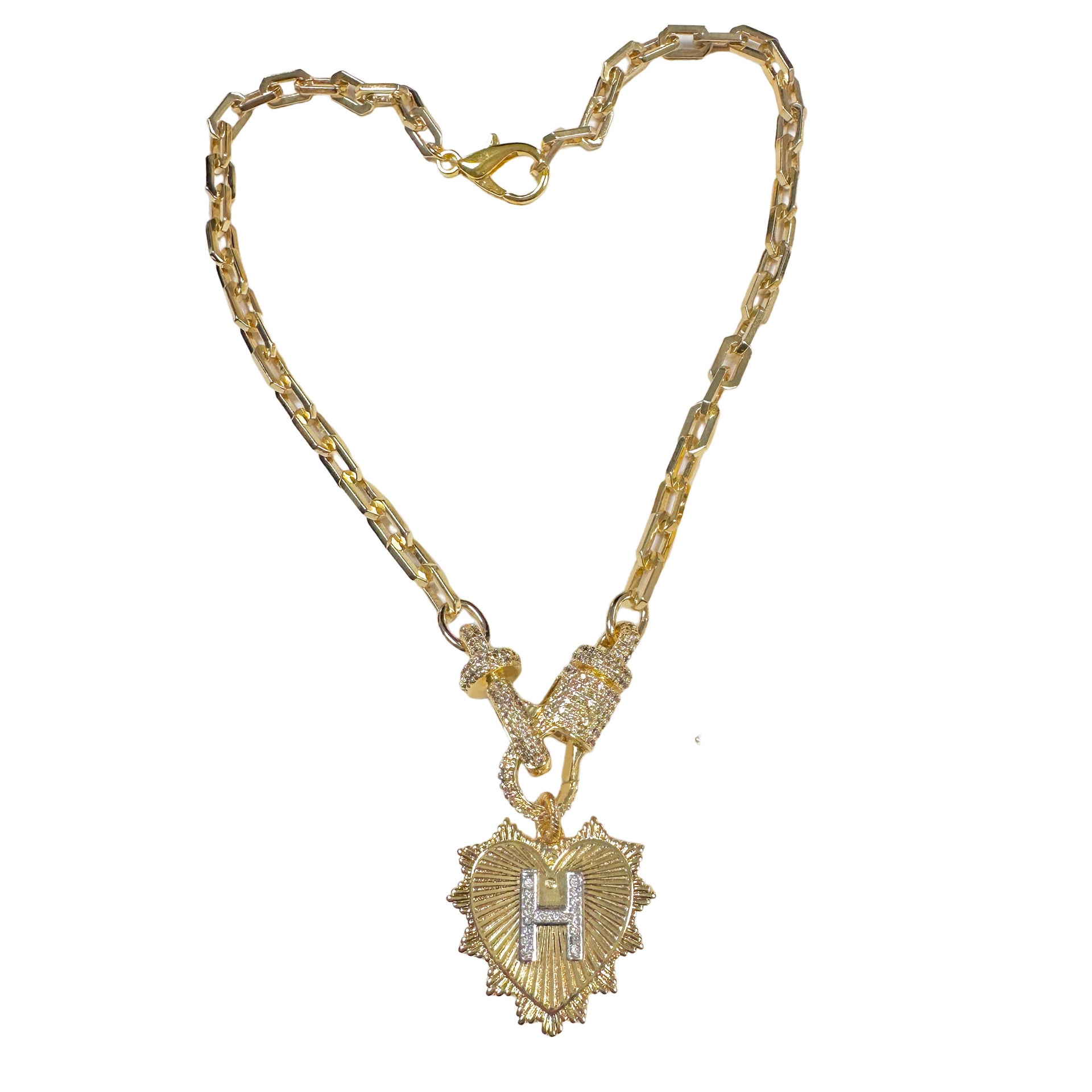 Elaine Initial Heart Necklace gold textured heart initial pendant on chunky link chain personalized jewelry