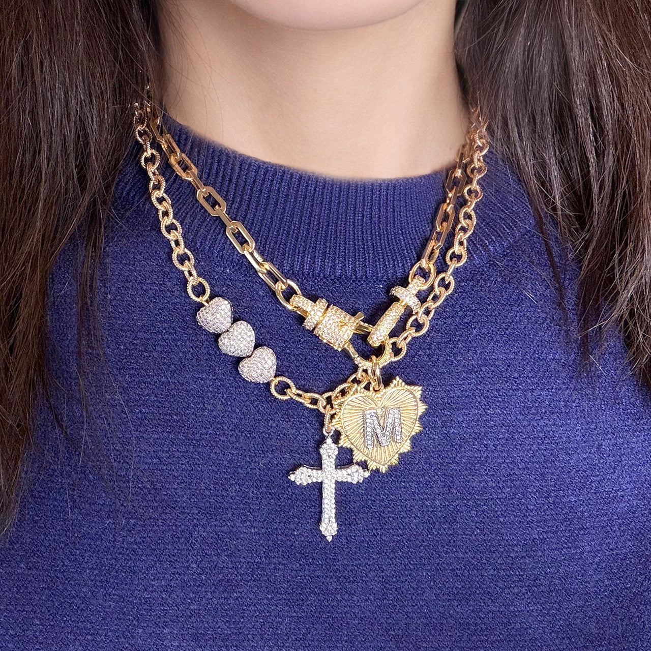 Love Lisa Elaine Initial Heart Necklace gold personalized initial pendant on model layered necklace look