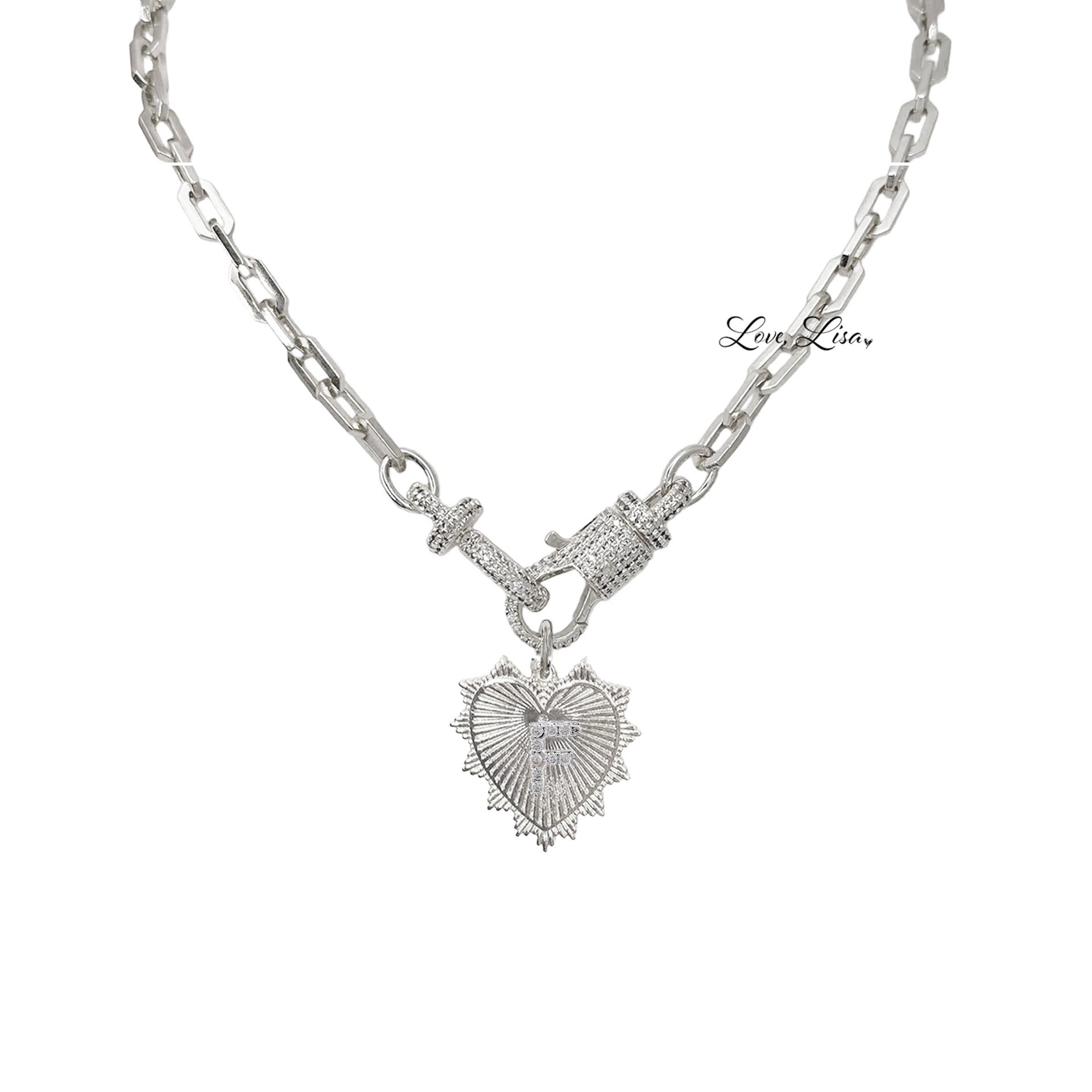 Elaine Initial Heart Necklace silver personalized initial heart pendant on polished link chain gift idea