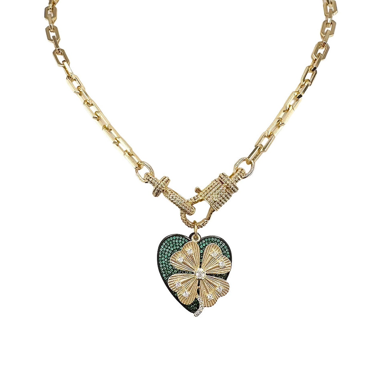 Love Lisa Elaine lucky clover heart necklace with green crystal clover charm and gold chain