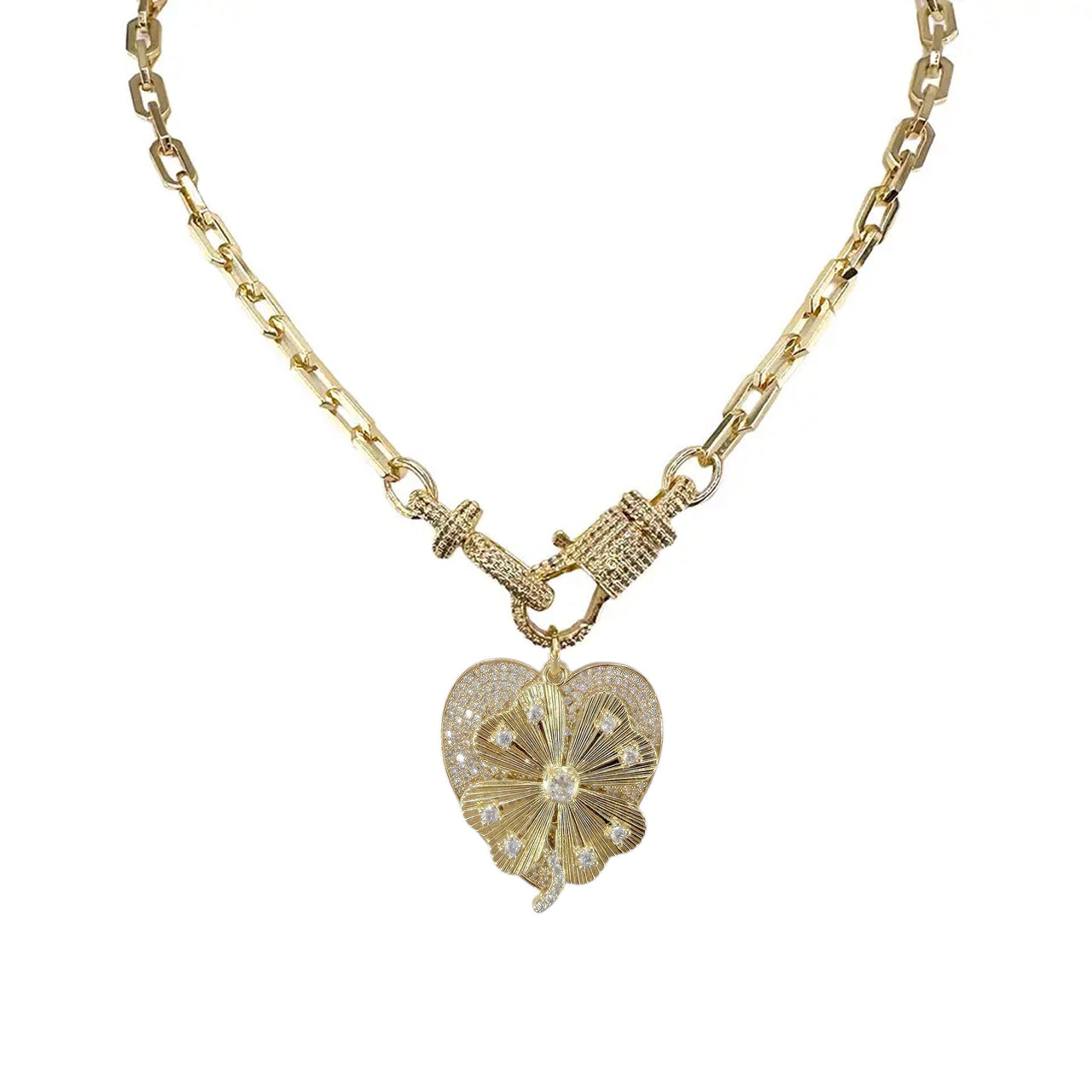 Elaine lucky clover heart necklace in gold finish with crystal accented heart charm