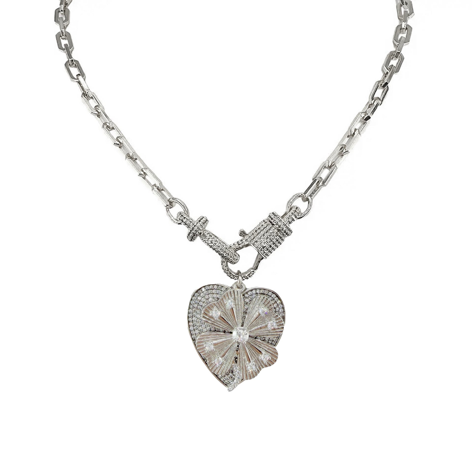 Elaine lucky clover heart necklace in silver finish with dimensional heart charm