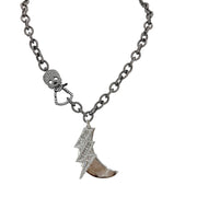 Love Lisa electric moon skull statement necklace gunmetal with skull clasp and crescent moon lightning bolt charm