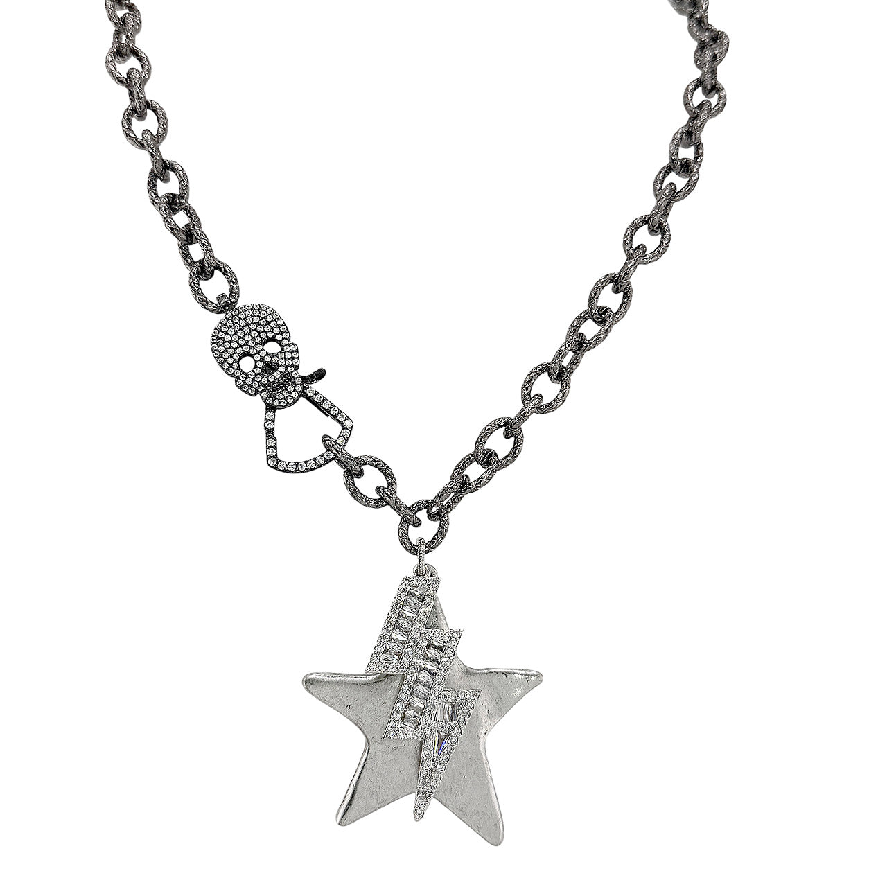 Love Lisa electric moon skull statement necklace gunmetal with skull clasp and star and lightning bolt charm