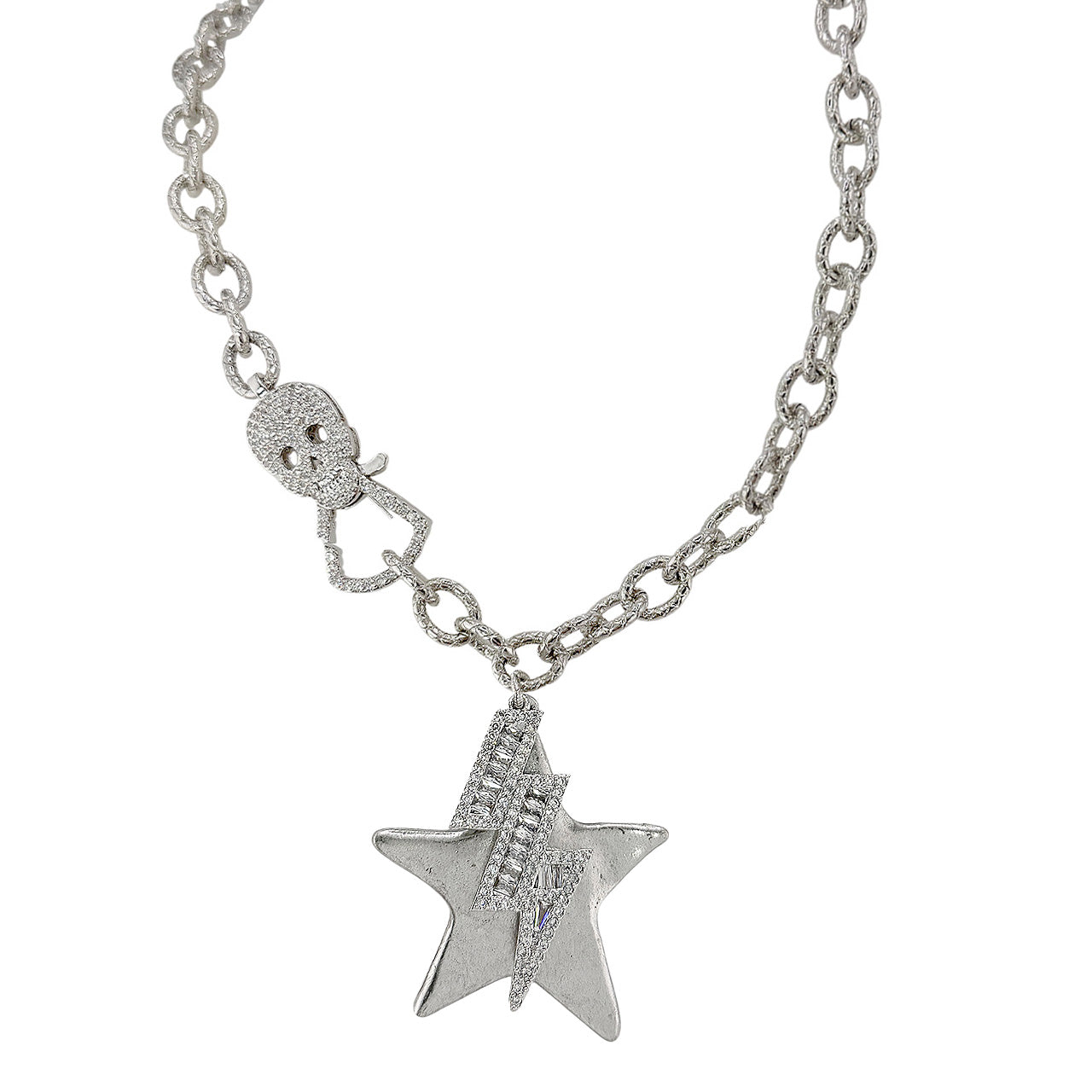 Love Lisa skull clasp necklace with star charm and crystal lightning bolt accent