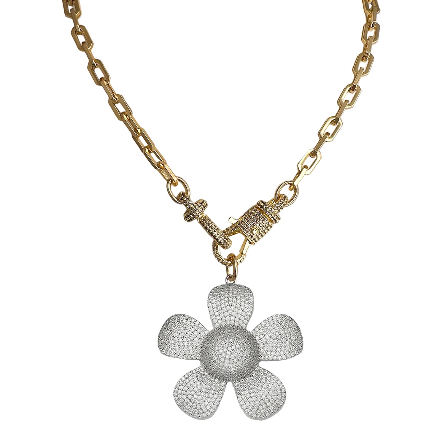Large flower charm styled on necklace 
